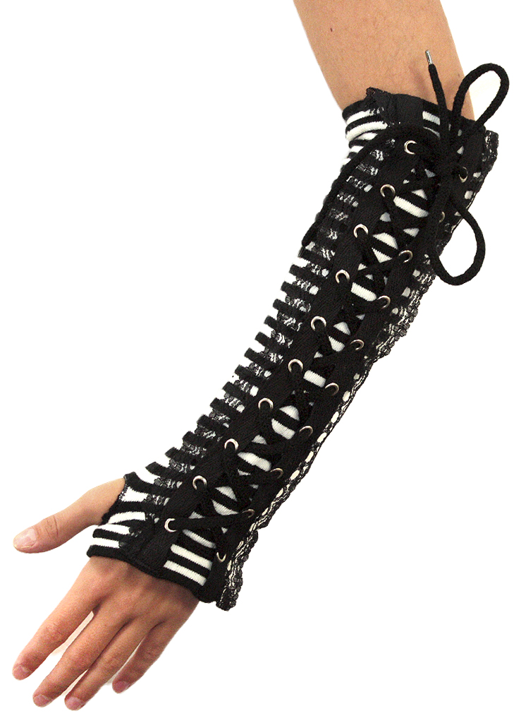 Перчатки-митенки Arm Warmer в полоску с кружевами и шнуровкой - фото 1 - rockbunker.ru