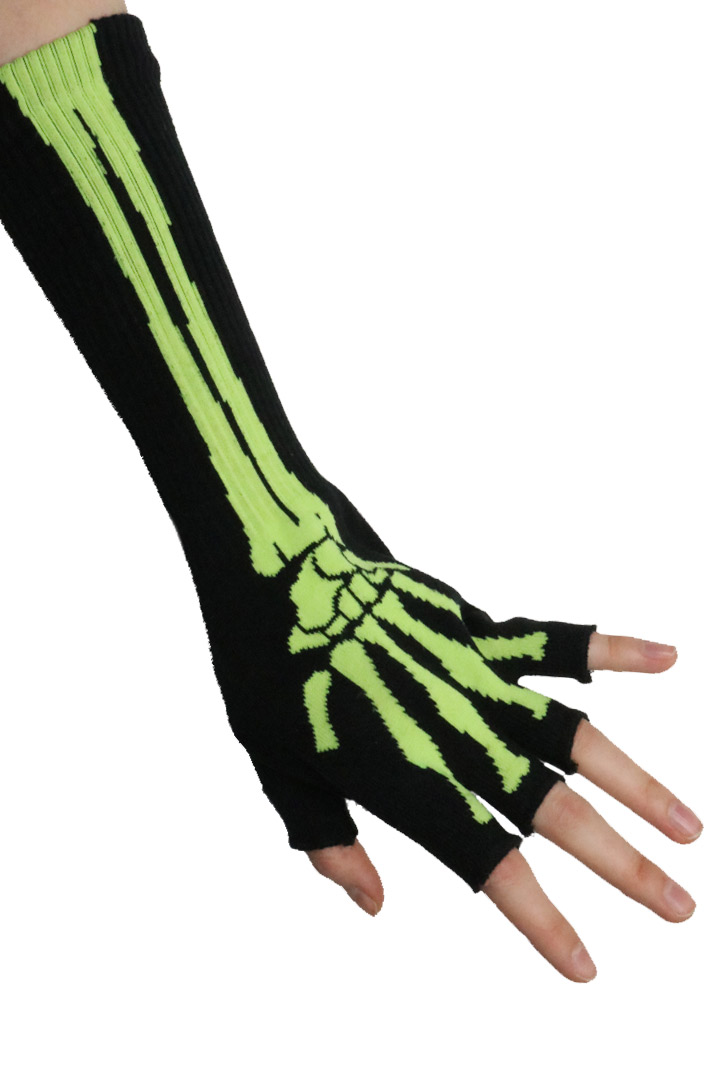 Перчатки без пальцев Скелет руки длинные салатовые - фото 1 - rockbunker.ru