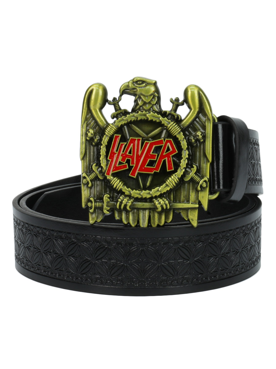 Ремень из экокожи с пряжкой Slayer черный - фото 1 - rockbunker.ru