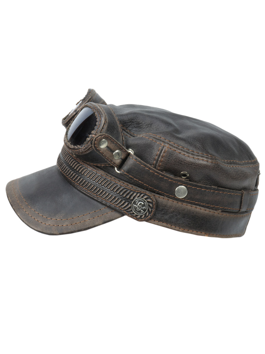 Кепка-немка Suzuki с рантом с очками кожаная коричневая - фото 2 - rockbunker.ru