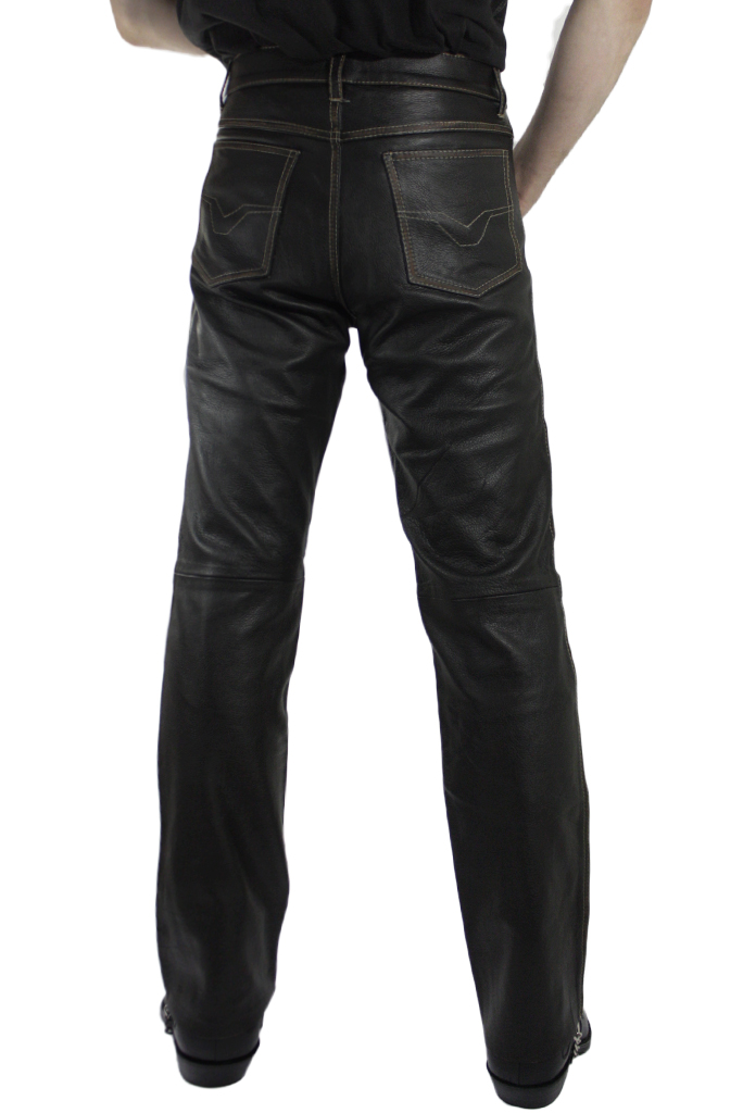 Штаны мужские кожаные классические с коричневой каймой - фото 2 - rockbunker.ru