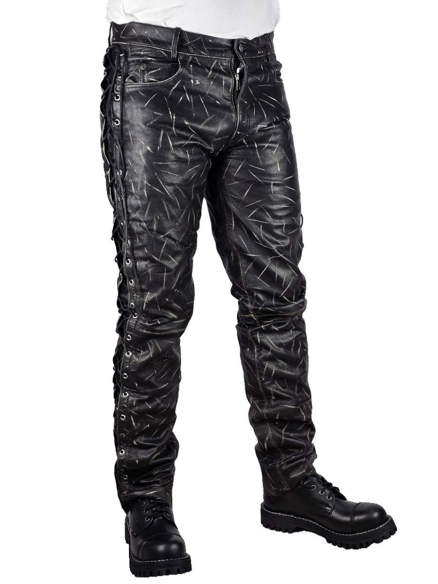 Штаны кожаные мужские со шнуровкой M8041 - фото 2 - rockbunker.ru