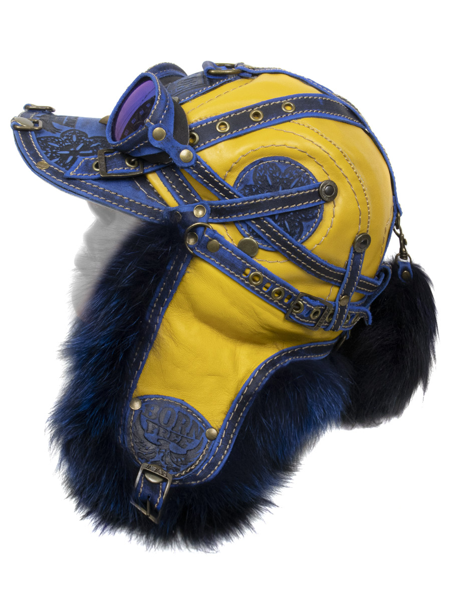 Бейсболка-ушанка меховая желто-синяя с хвостом - фото 2 - rockbunker.ru