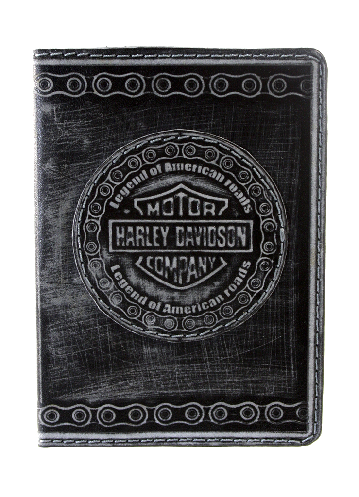 Обложка на паспорт Harley-Davidson кожаная чёрная - фото 1 - rockbunker.ru