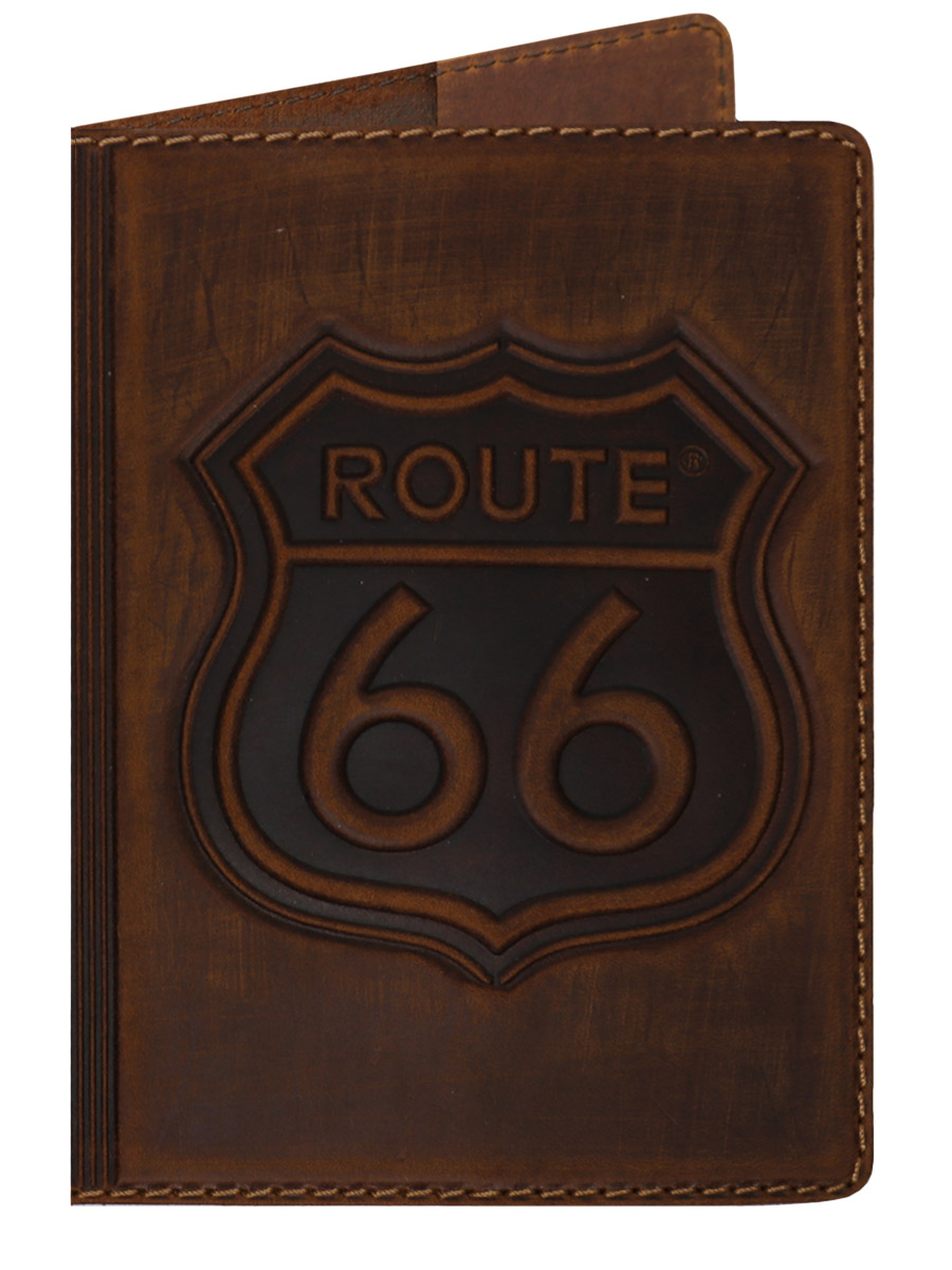 Обложка на паспорт Route 66 кожаная Темно-Коричневая - фото 1 - rockbunker.ru