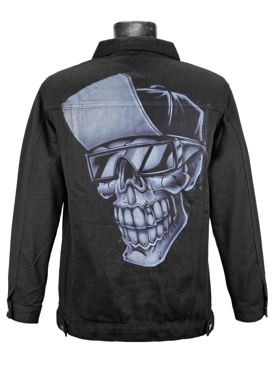 Куртка джинсовая черная Череп в Бейсболке - фото 1 - rockbunker.ru
