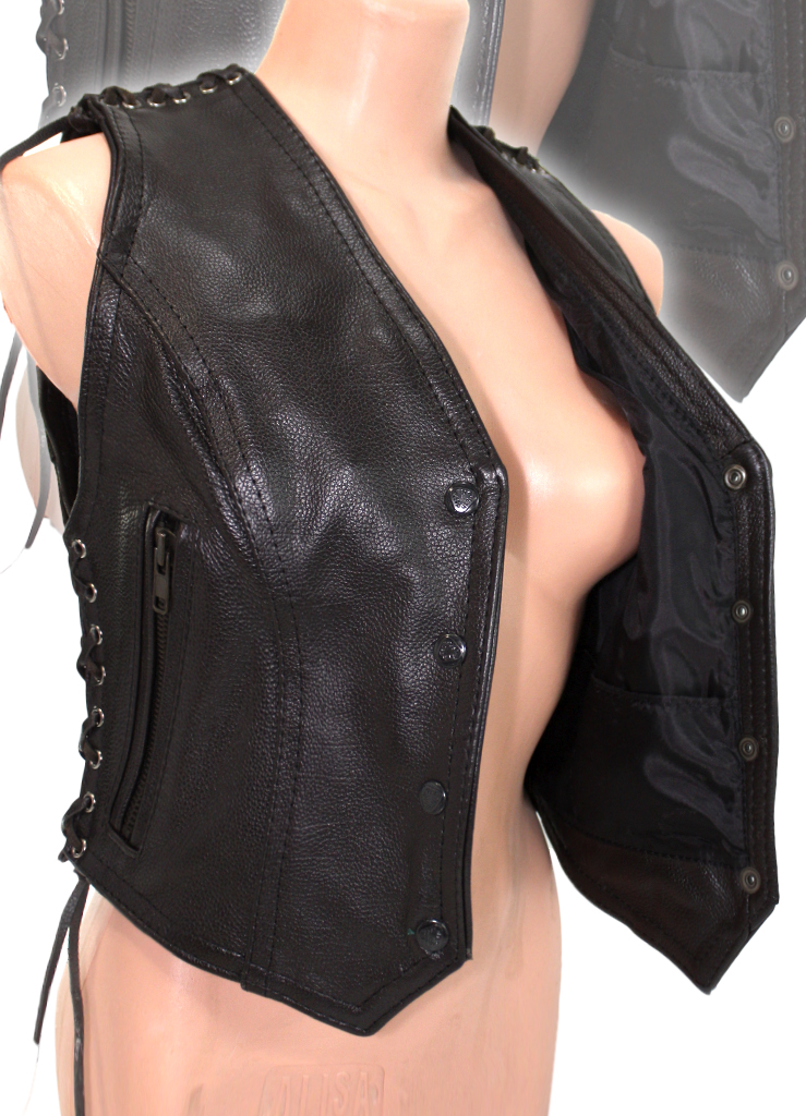 Жилет кожаный женский Classic Rock со шнуровкой на плечах черный - фото 5 - rockbunker.ru