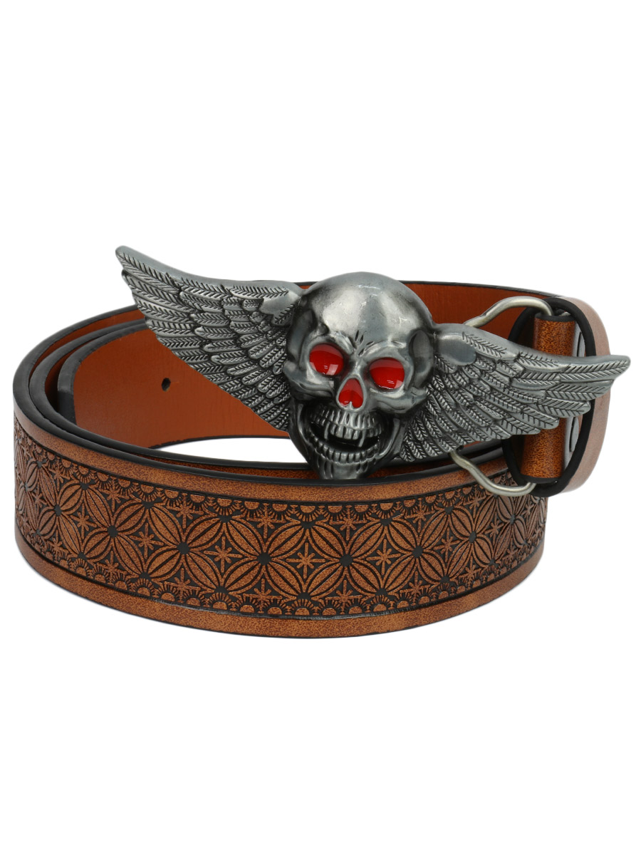 Ремень с пряжкой Череп с Крыльями коричневый - фото 1 - rockbunker.ru