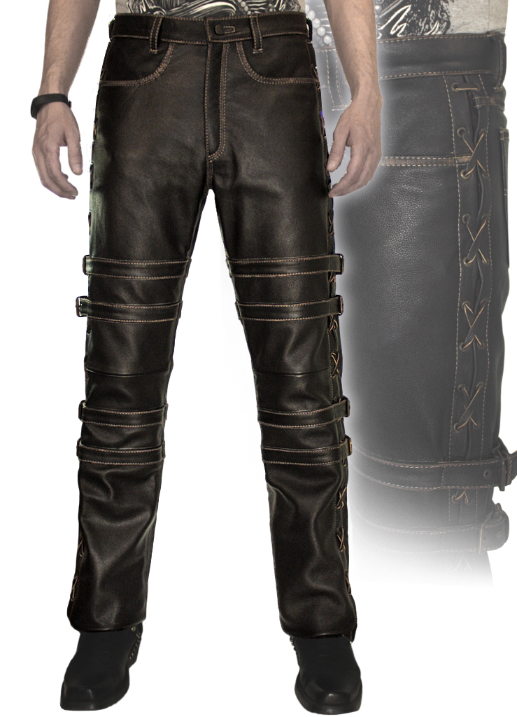 Штаны кожаные мужские с пряжками - фото 1 - rockbunker.ru