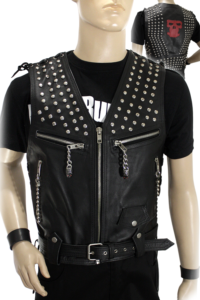 Жилет кожаный мужской проклепаный с красным черепом - фото 1 - rockbunker.ru