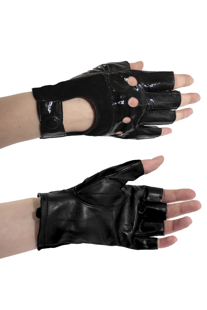 Перчатки кожаные без пальцев женские лакированные с велюровыми вставками на ремешке с кнопкой - фото 1 - rockbunker.ru