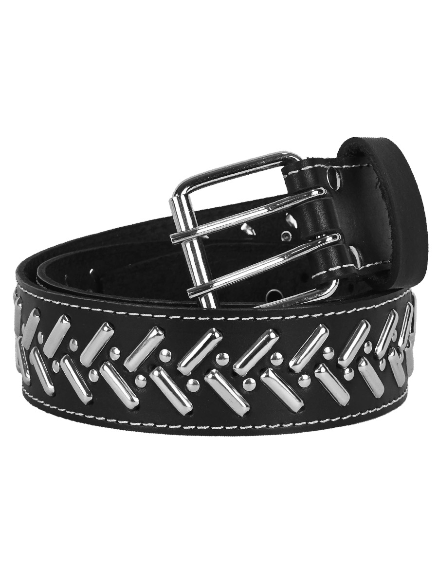 Ремень кожаный Rebel State с белой строчкой Заклепки - фото 1 - rockbunker.ru