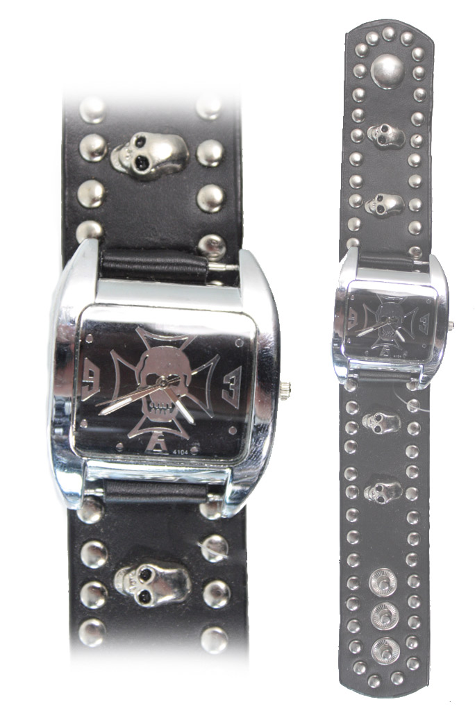 Часы наручные Железный Роджер с клепками-черепами - фото 1 - rockbunker.ru