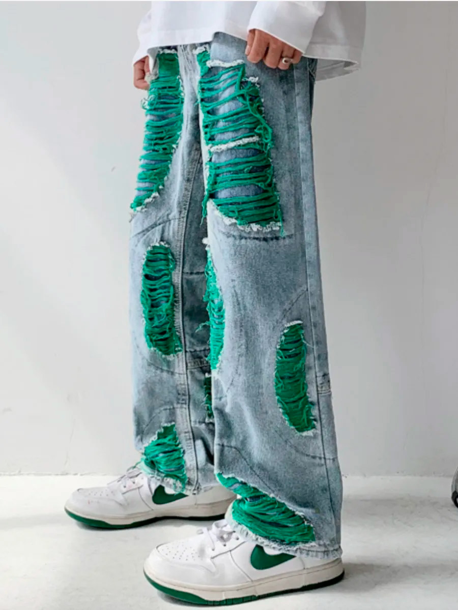 Джинсы с зеленымии вставками - фото 2 - rockbunker.ru