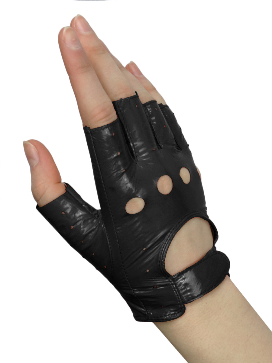 Перчатки кожаные без пальцев Лак черные на липучке - фото 1 - rockbunker.ru