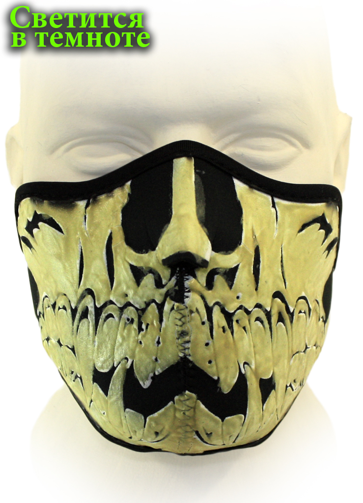 Байкерская маска челюсть с клыками светится в темноте - фото 2 - rockbunker.ru