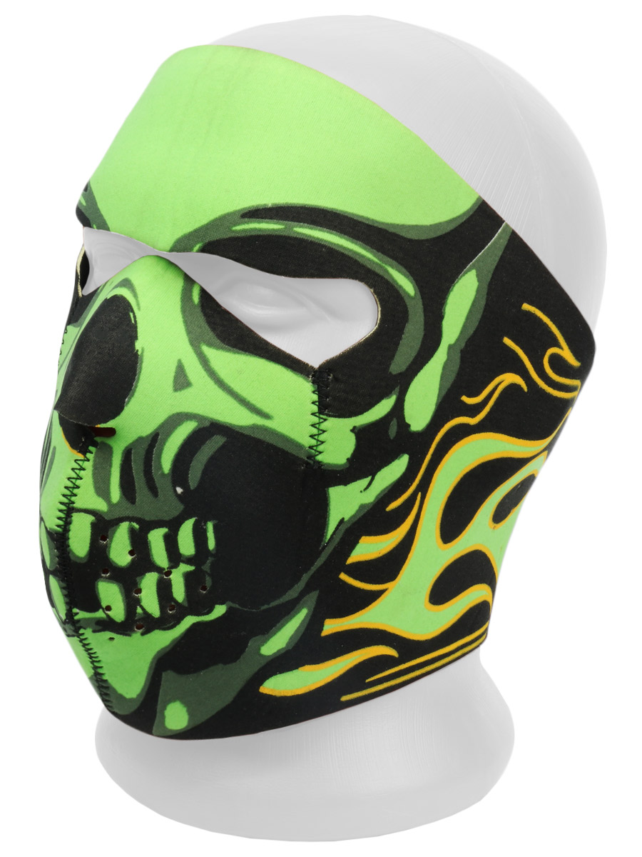Байкерская маска Череп зелёный на всё лицо с пламенем - фото 2 - rockbunker.ru