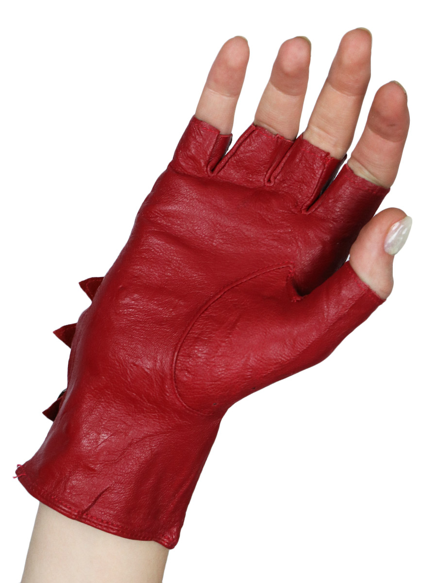 Перчатки кожаные без пальцев женские на ремешках красные - фото 2 - rockbunker.ru