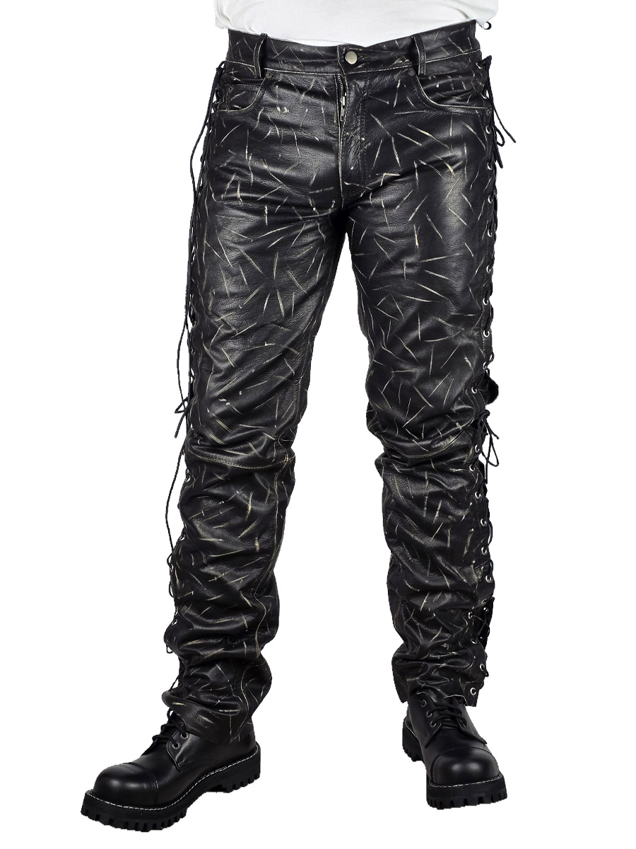 Штаны кожаные мужские со шнуровкой M8041 - фото 1 - rockbunker.ru