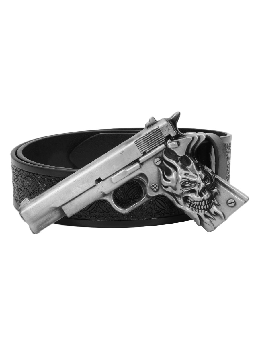 Ремень из экокожи с пряжкой Пистолет черный - фото 1 - rockbunker.ru