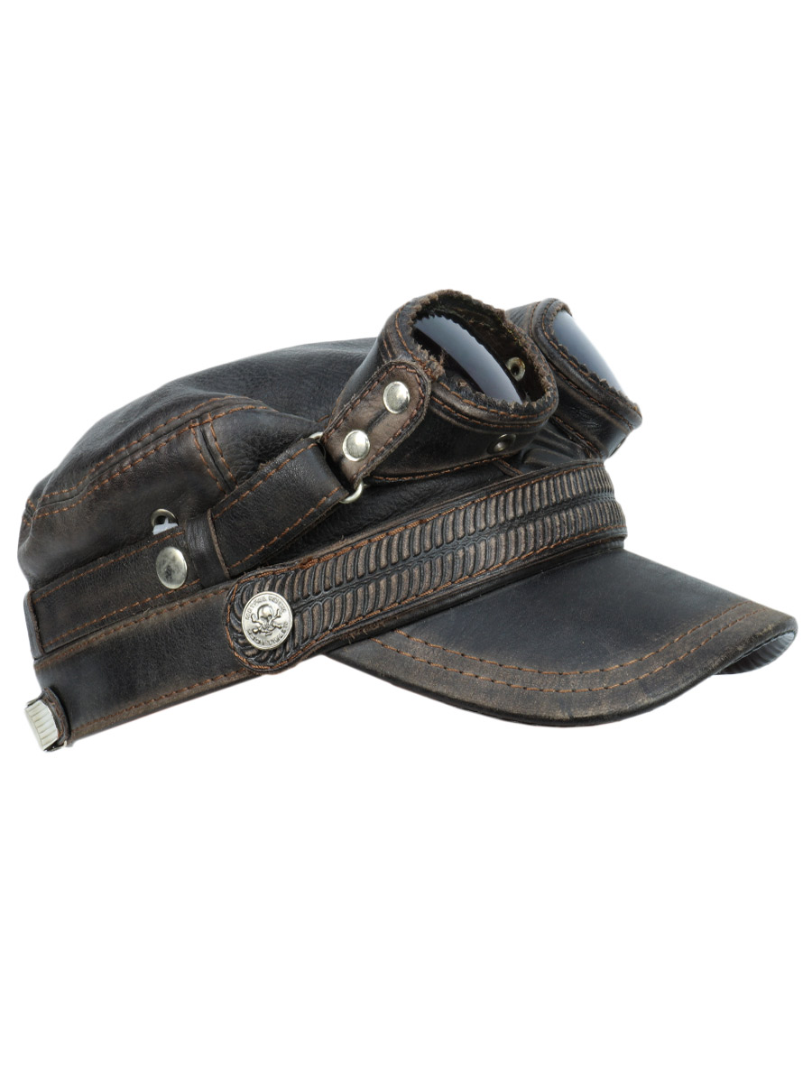 Кепка-немка Suzuki с рантом с очками кожаная коричневая - фото 1 - rockbunker.ru