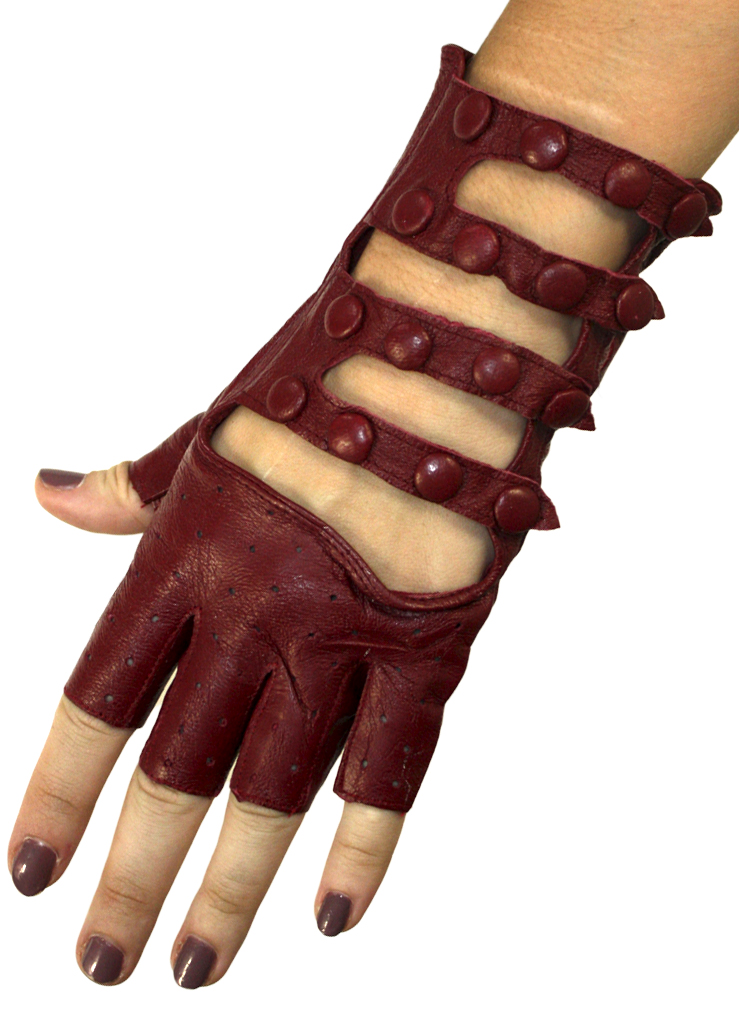 Перчатки кожаные без пальцев женские на ремешках с кнопками бордовые - фото 1 - rockbunker.ru