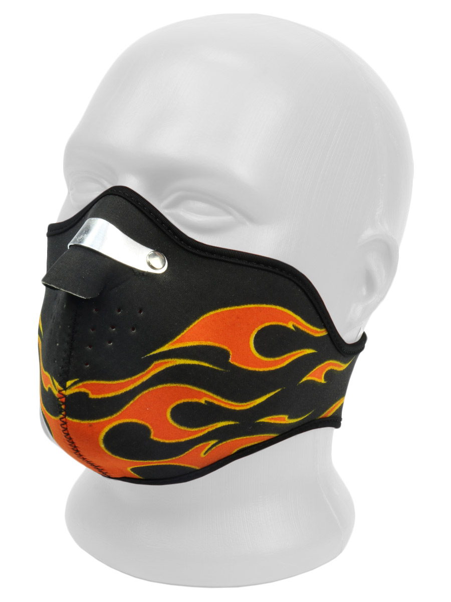 Байкерская маска чёрная с пламенем и железным носом - фото 2 - rockbunker.ru