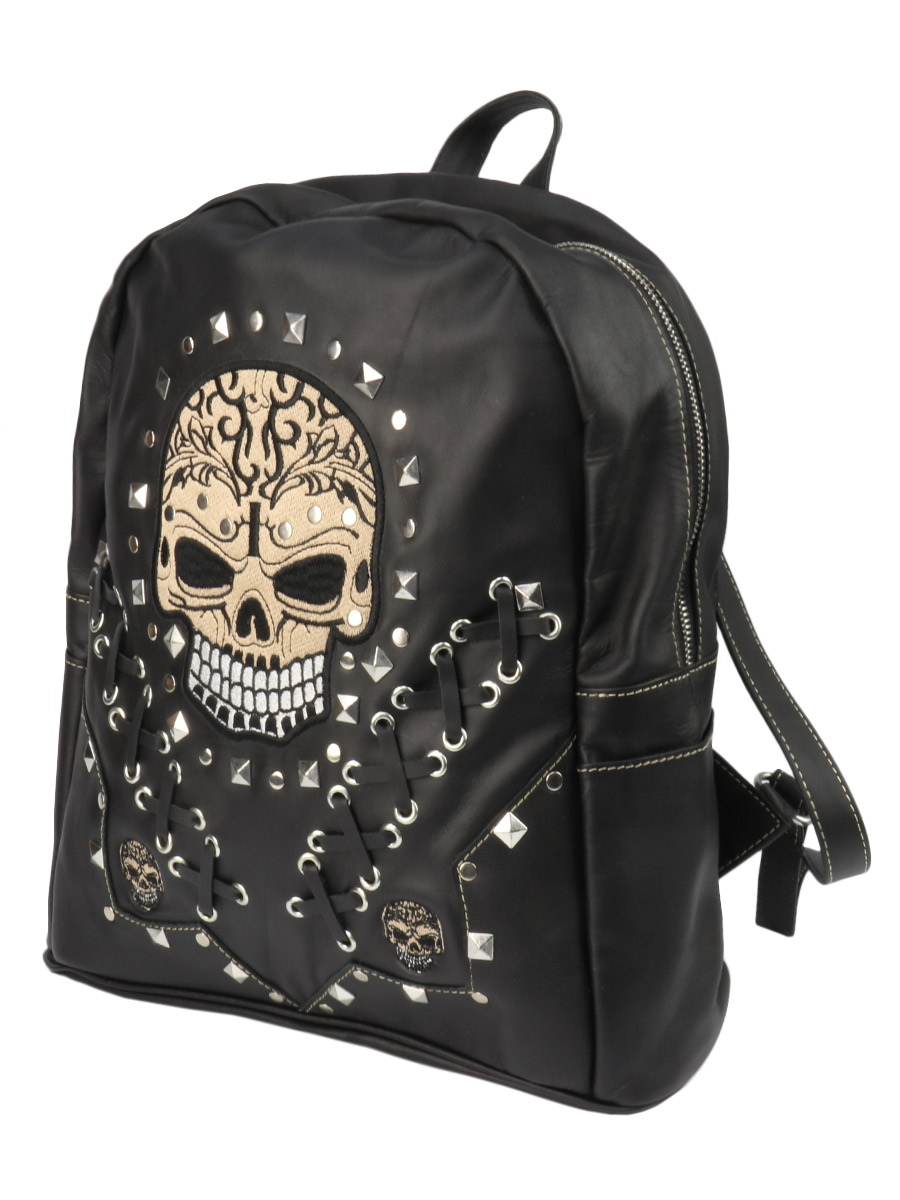 Рюкзак проклепанный с вышивкой череп - фото 3 - rockbunker.ru