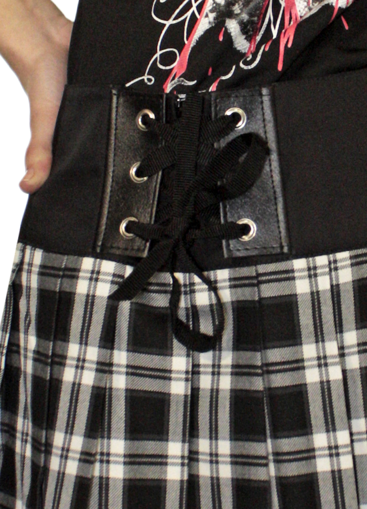 Юбка Hacker в клетку шотландка черно-белая со шнуровкой с черным поясом - фото 3 - rockbunker.ru