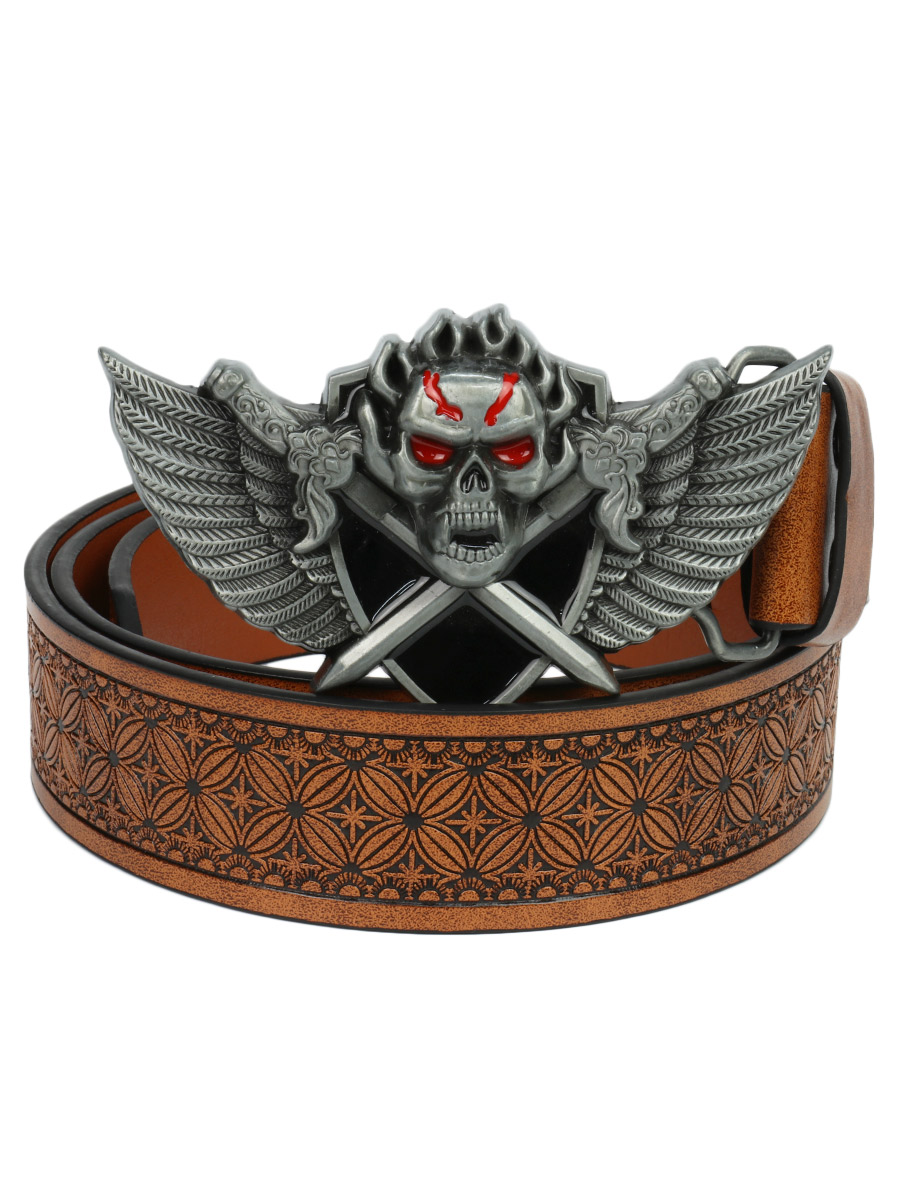 Ремень с пряжкой Огненный Череп с мечами коричневый - фото 1 - rockbunker.ru