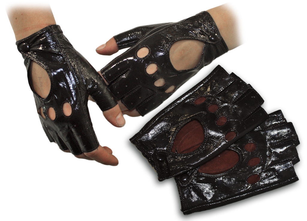 Перчатки кожаные без пальцев женские лакированные на кнопке - фото 2 - rockbunker.ru