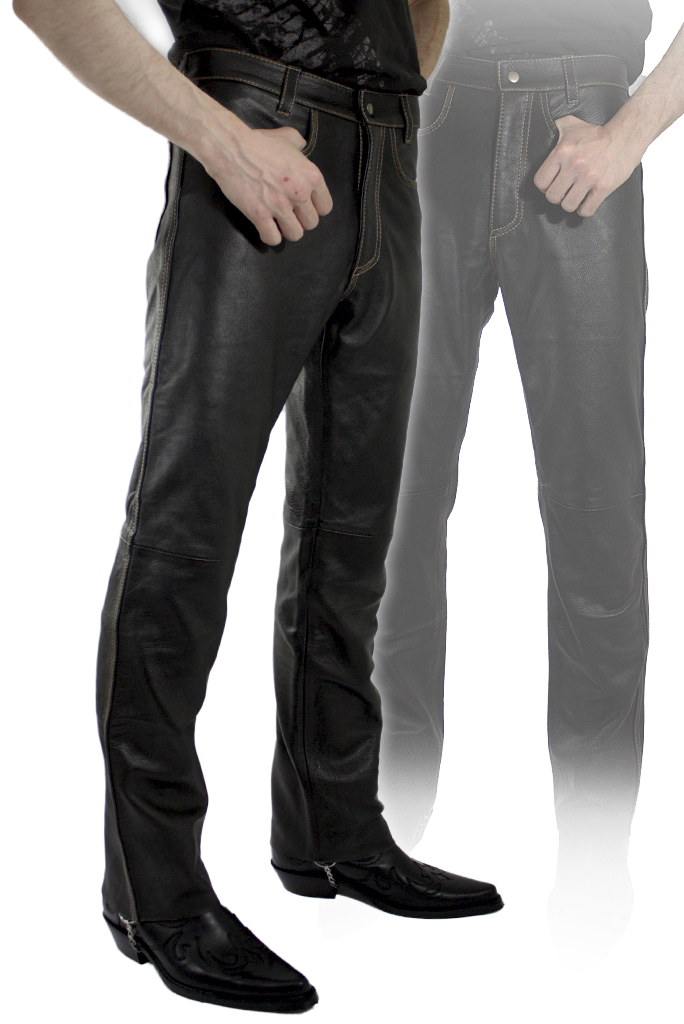 Штаны мужские кожаные классические с коричневой каймой - фото 1 - rockbunker.ru