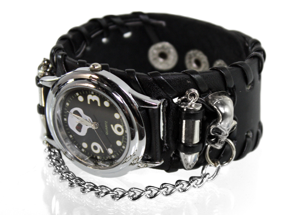 Часы наручные Череп с цепочкой с черным циферблатом - фото 2 - rockbunker.ru