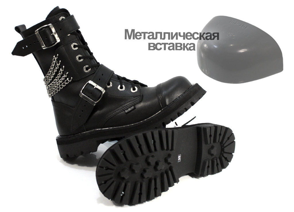 Ботинки высокие Ranger Black 9 колец 2 ремня цепи - фото 4 - rockbunker.ru