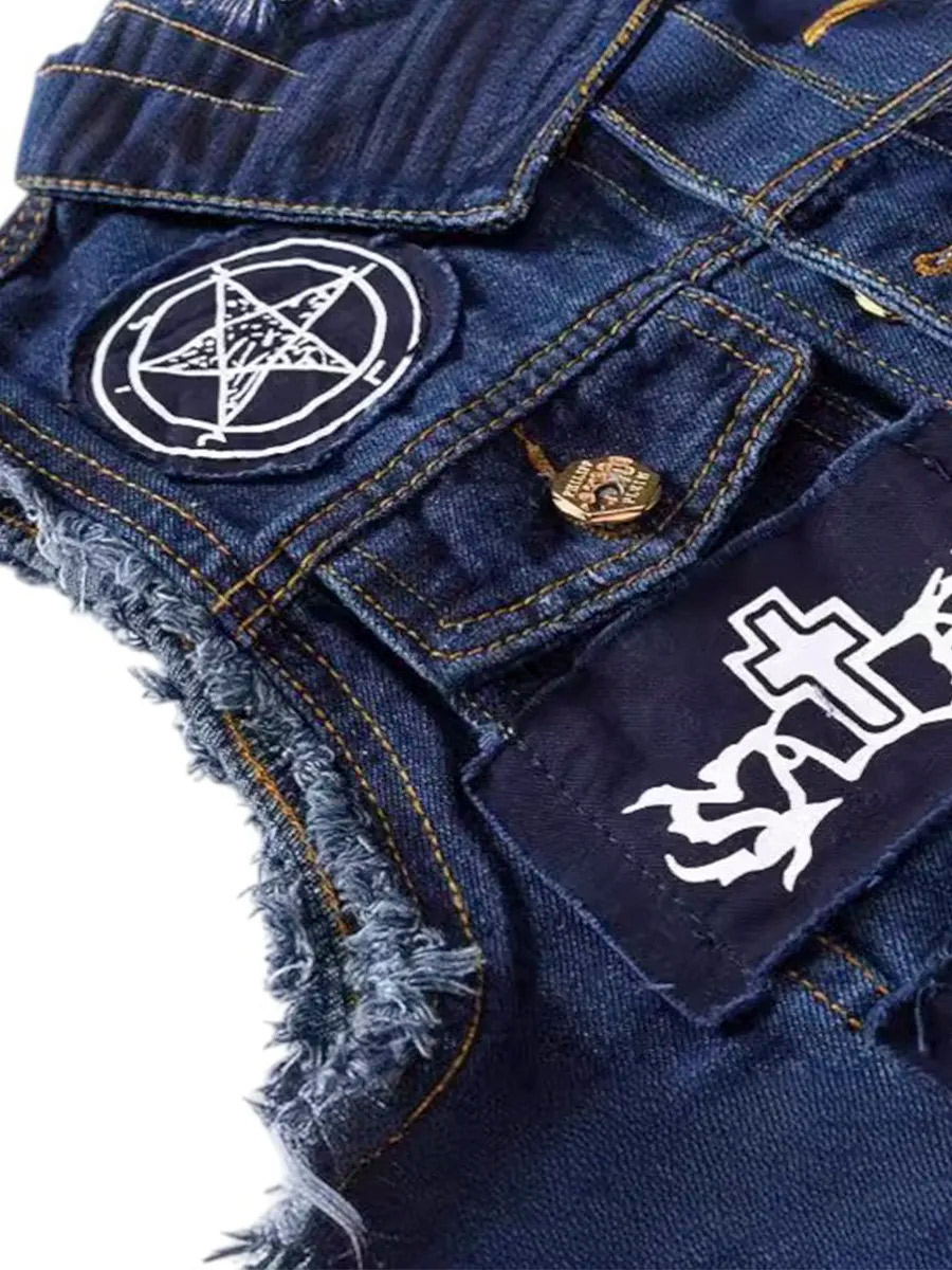 Жилет Джинсовый Синий с Нашивками - фото 3 - rockbunker.ru