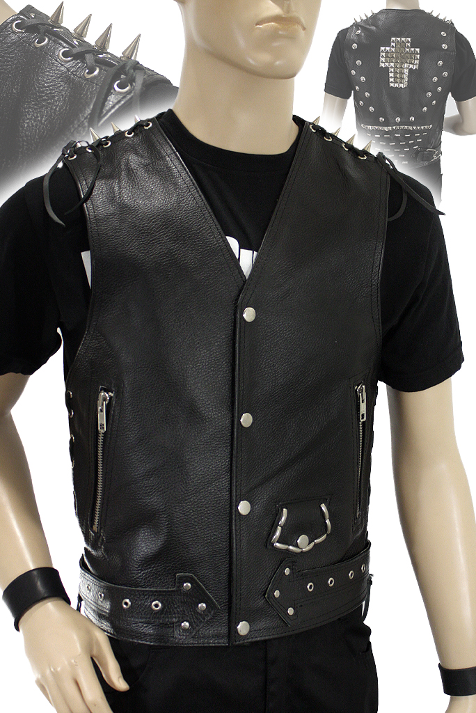 Жилет кожаный мужской проклепаный крест - фото 1 - rockbunker.ru