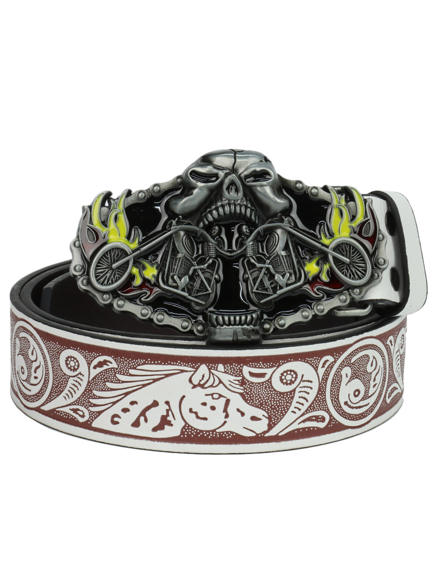 Ремень из экокожи с пряжкой Череп Мотоциклы коричневый - фото 1 - rockbunker.ru