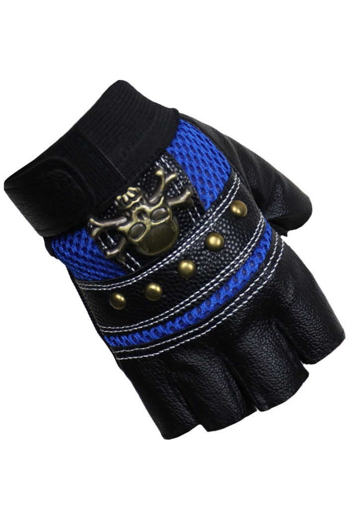 Перчатки без пальцев женские с черепами синие - фото 1 - rockbunker.ru