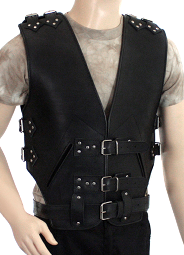 Жилет кожаный броня с карманами с ремнями черный - фото 1 - rockbunker.ru