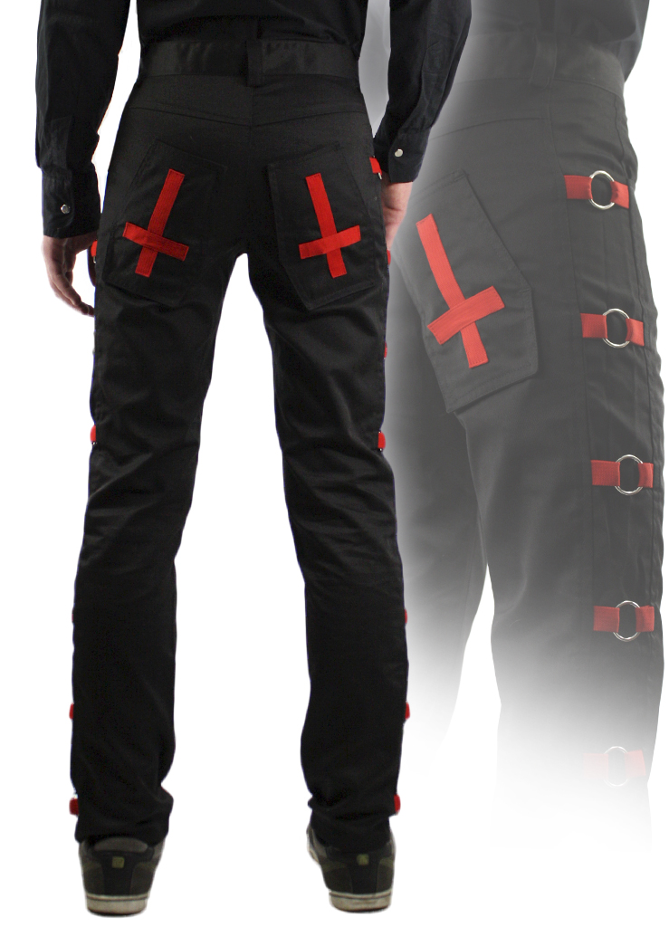 Штаны Hacker готические с кольцами большими на красных лентах с крестами на краманах - фото 3 - rockbunker.ru