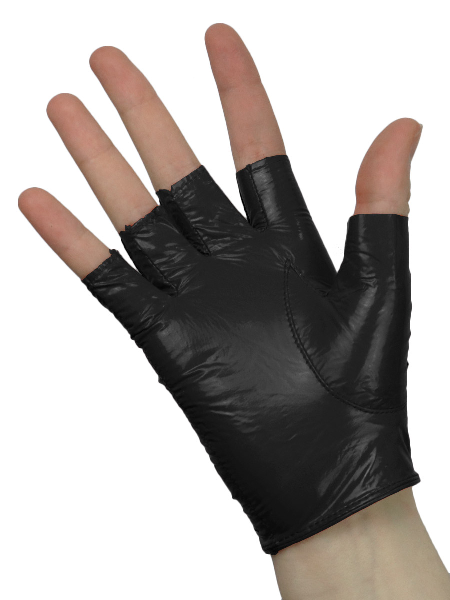 Перчатки кожаные без пальцев Лак черные на липучке - фото 2 - rockbunker.ru