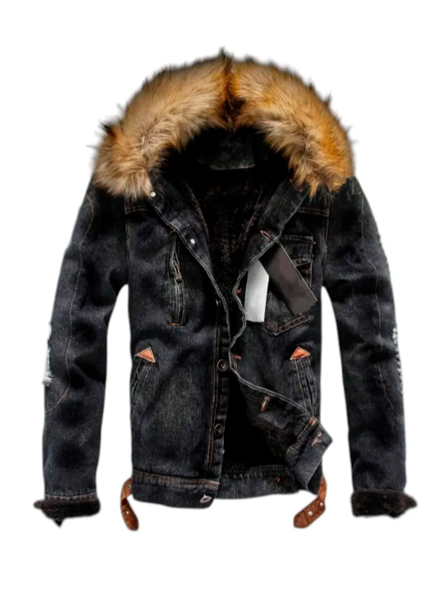 Куртка Джинсовая с Воротником Утепленная Черная - фото 1 - rockbunker.ru