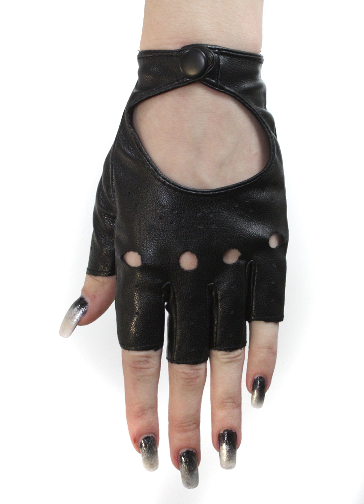 Перчатки кожаные без пальцев женские на кнопке - фото 2 - rockbunker.ru