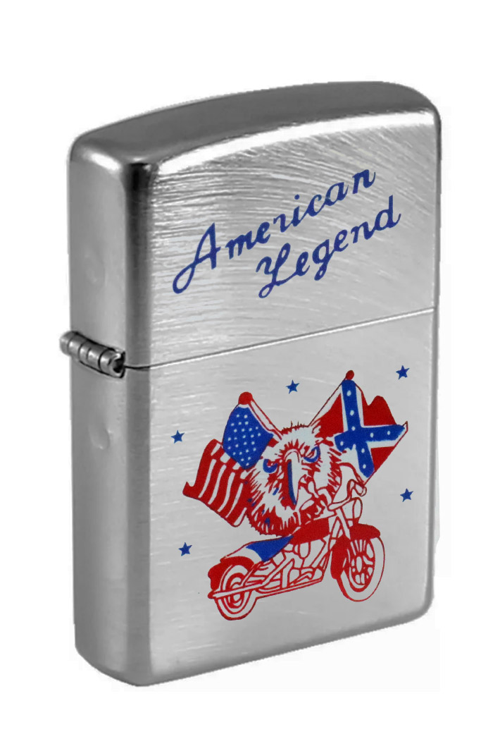 Зажигалка бензиновая American Legend Орёл с 2 флагами и мотоциклом - фото 1 - rockbunker.ru