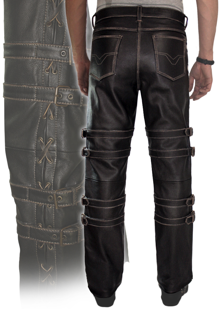 Штаны кожаные мужские с пряжками - фото 3 - rockbunker.ru