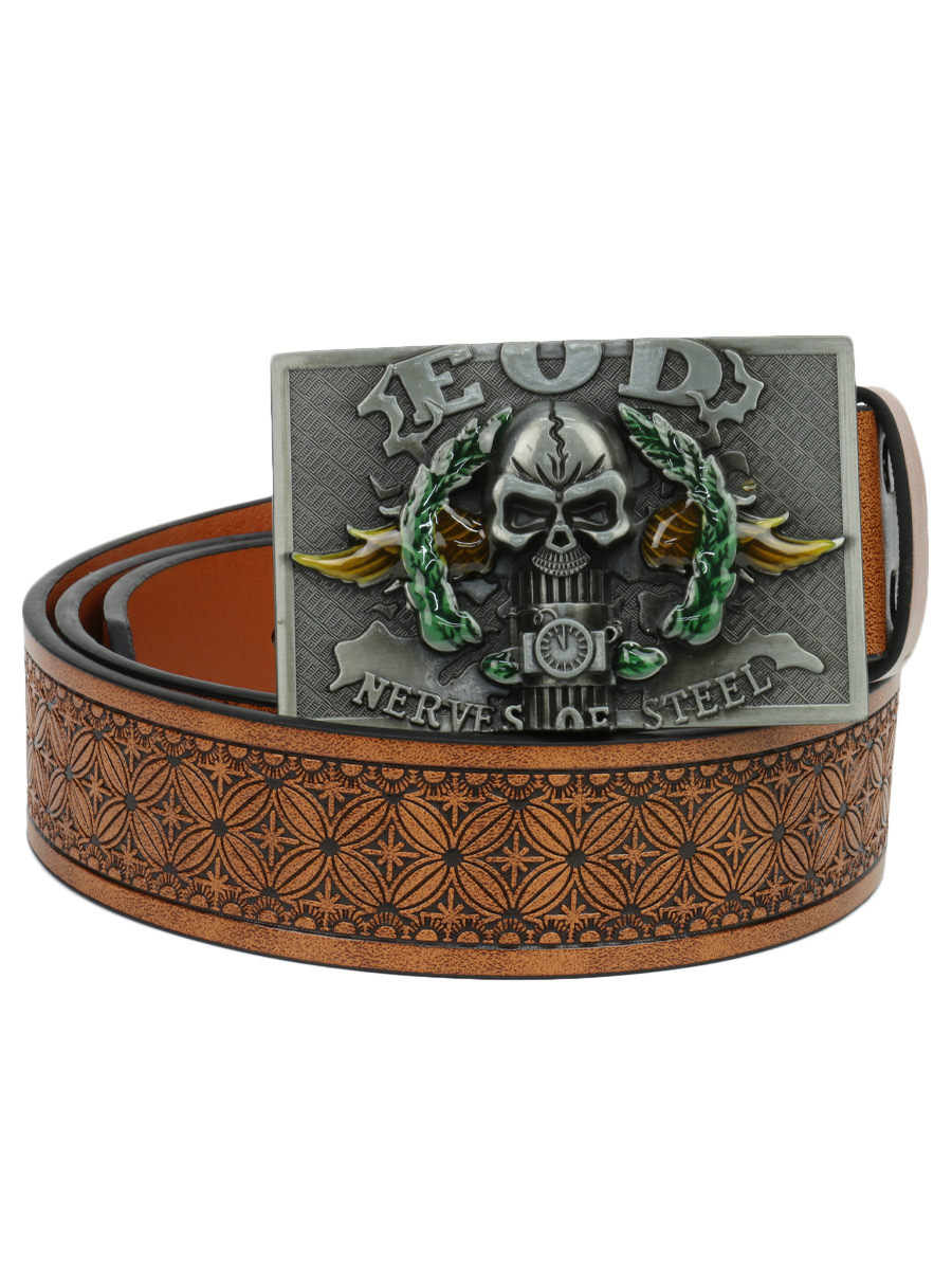 Ремень из экокожи с пряжкой Nerves Of Steel коричневый - фото 1 - rockbunker.ru