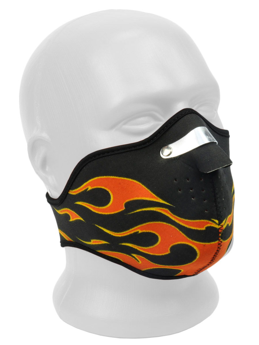 Байкерская маска чёрная с пламенем и железным носом - фото 1 - rockbunker.ru
