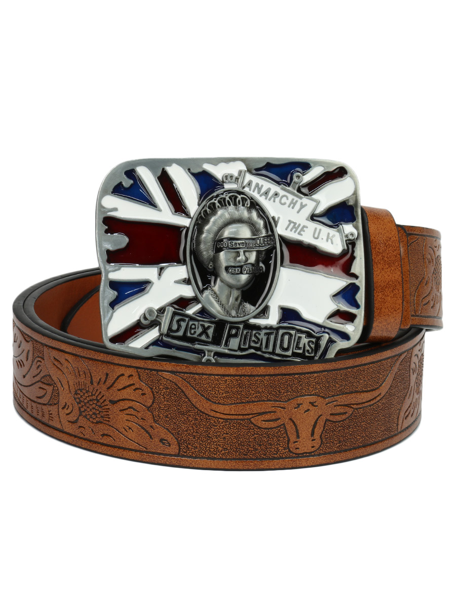 Ремень  с пряжкой Sex Pistols коричневый - фото 1 - rockbunker.ru