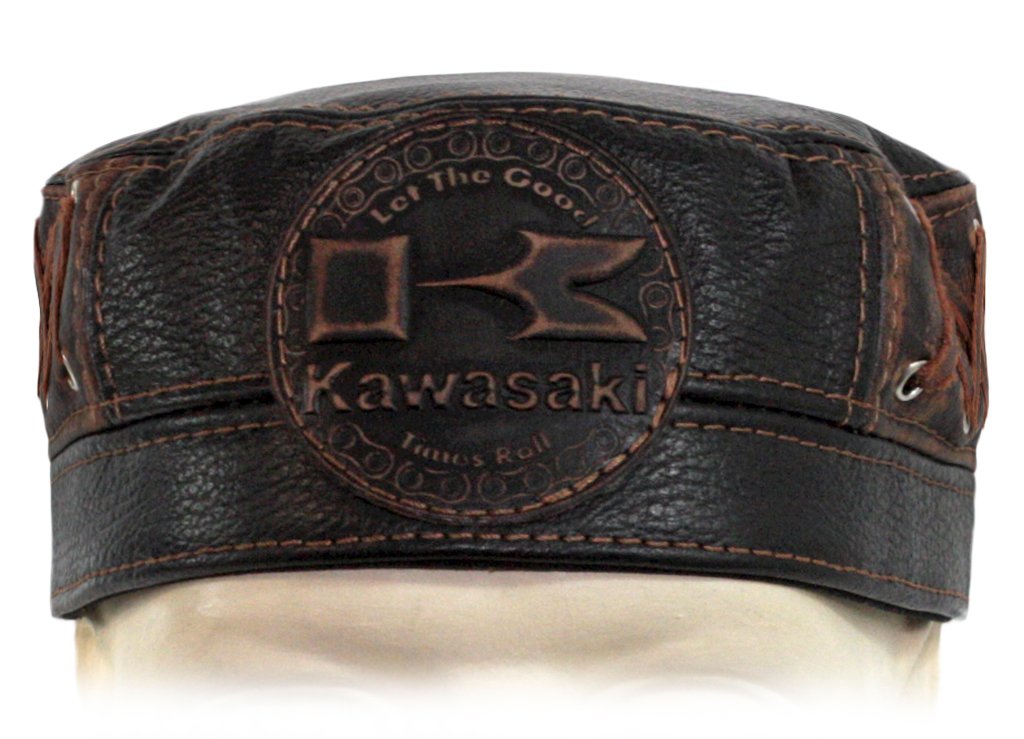 Бескозырка кожаная Kawasaki коричневая - фото 2 - rockbunker.ru