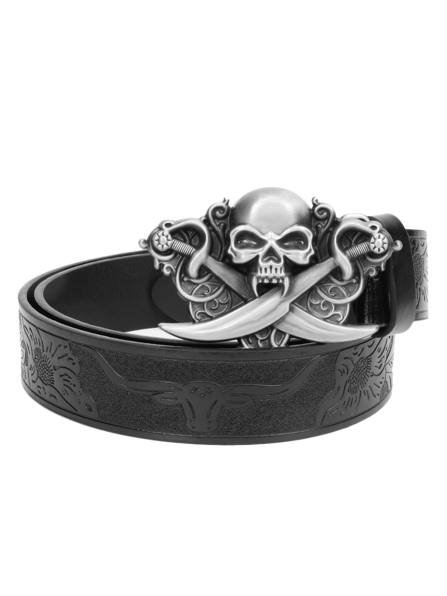 Ремень с пряжкой Череп с мечами черный - фото 1 - rockbunker.ru